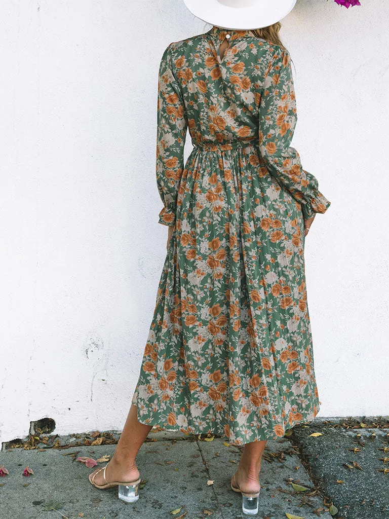 Floral Printed High Waist Crewneck Long Sleeves Maxi Boho Dress