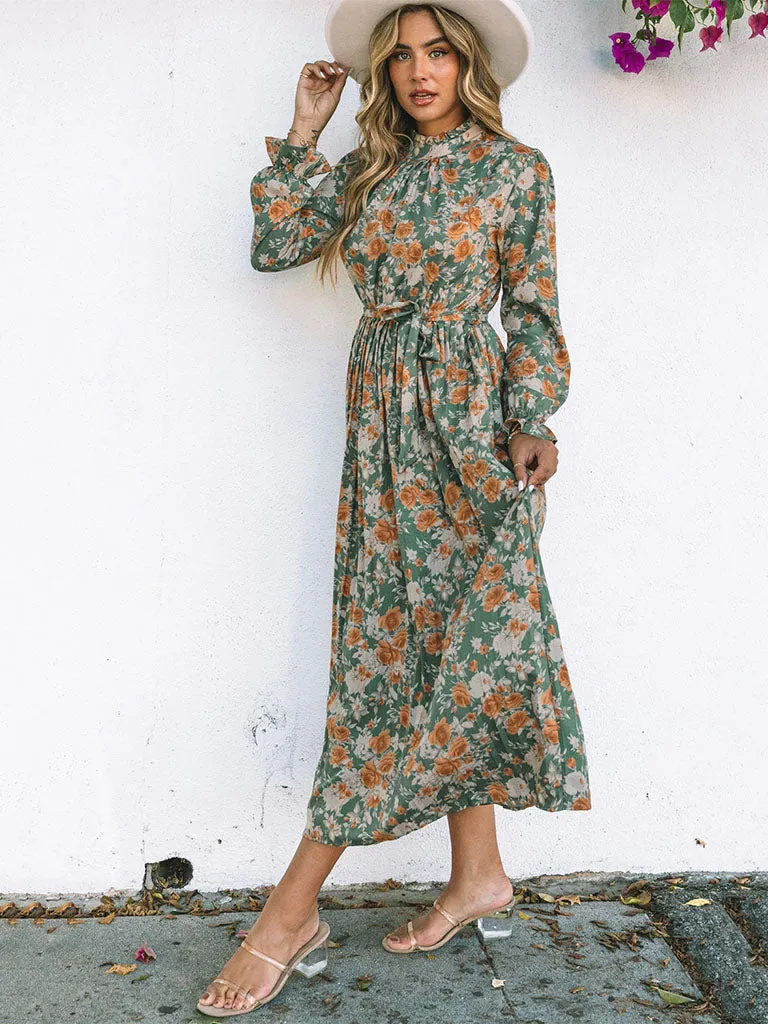 Floral Printed High Waist Crewneck Long Sleeves Maxi Boho Dress