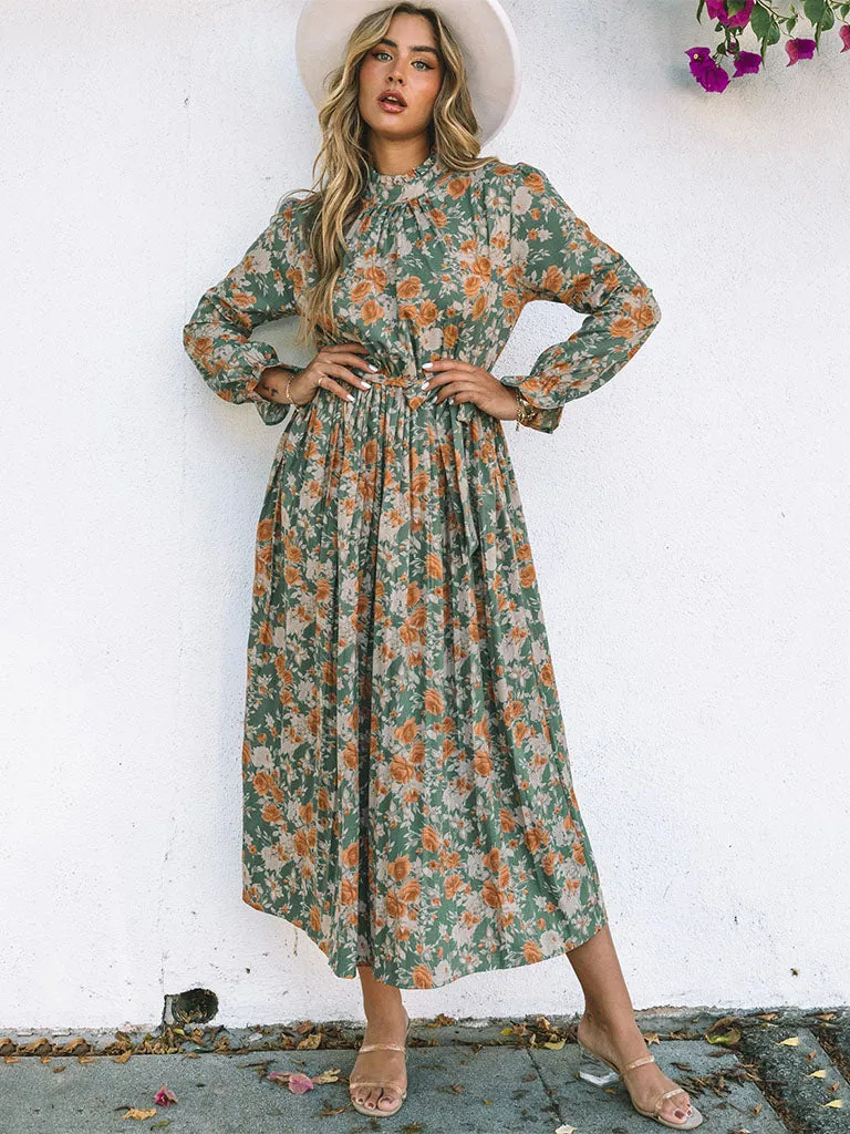 Floral Printed High Waist Crewneck Long Sleeves Maxi Boho Dress