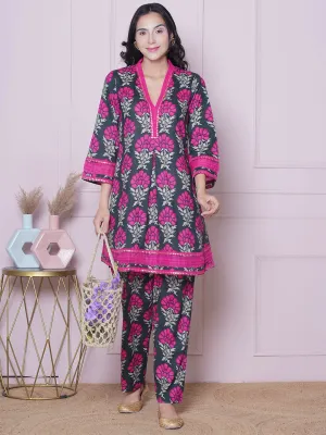 Floral Printed V-Neck Pure Cotton Tunic with Trousers