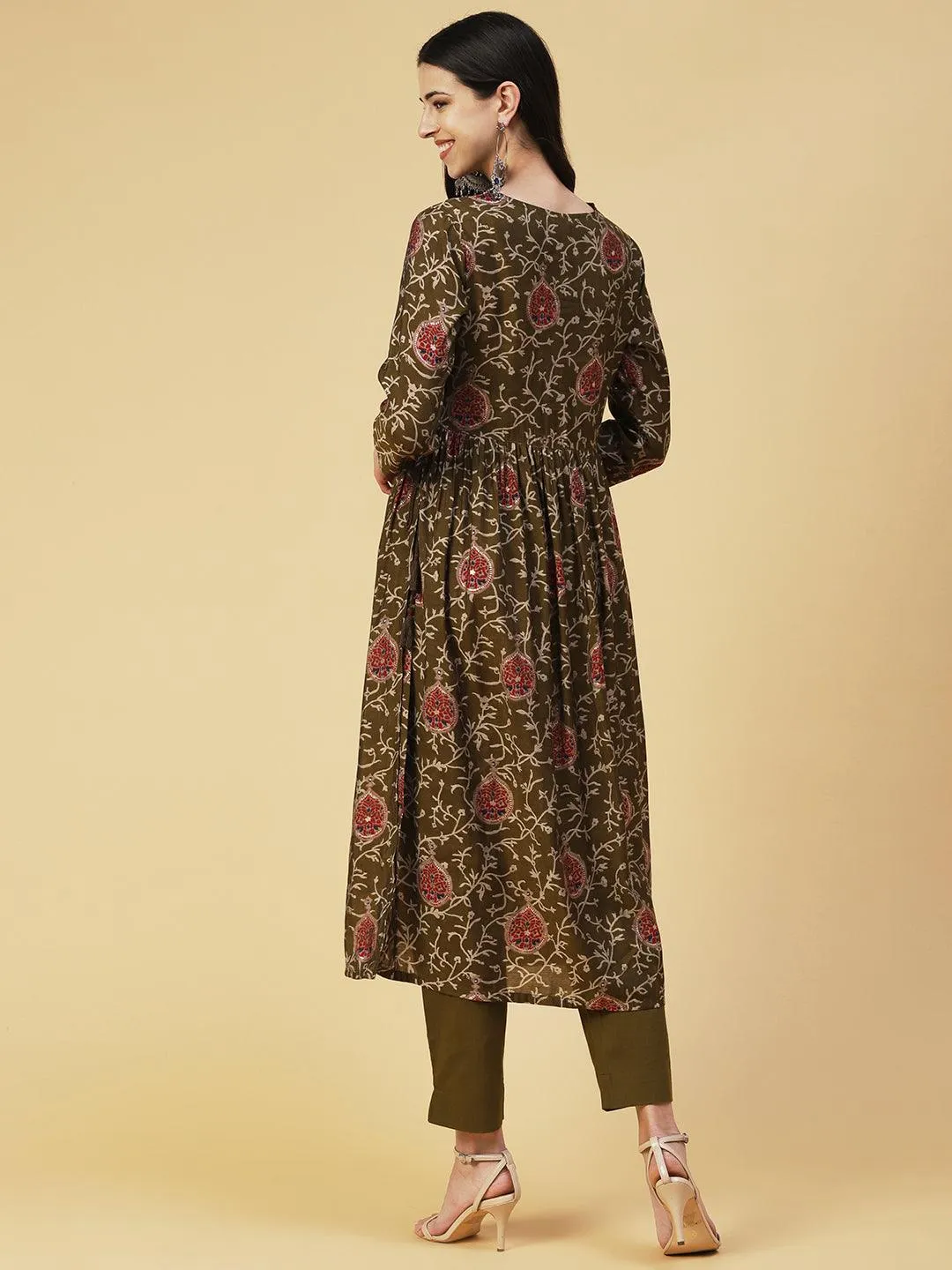 Floral Printed Zari & Mirror Embroidered Kurta With Pants - Olive