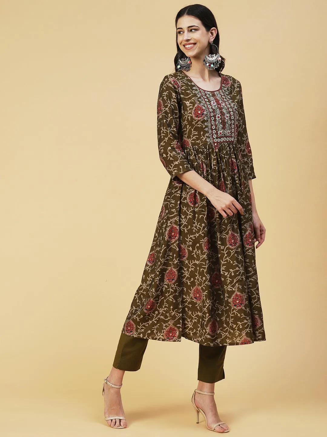 Floral Printed Zari & Mirror Embroidered Kurta With Pants - Olive