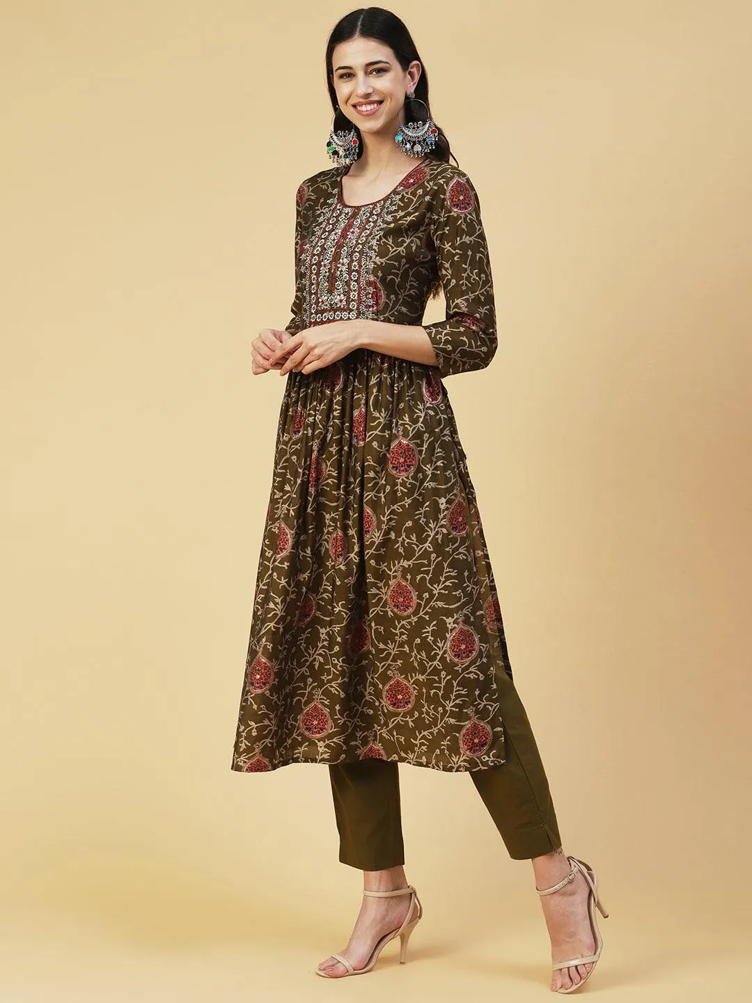 Floral Printed Zari & Mirror Embroidered Kurta With Pants - Olive