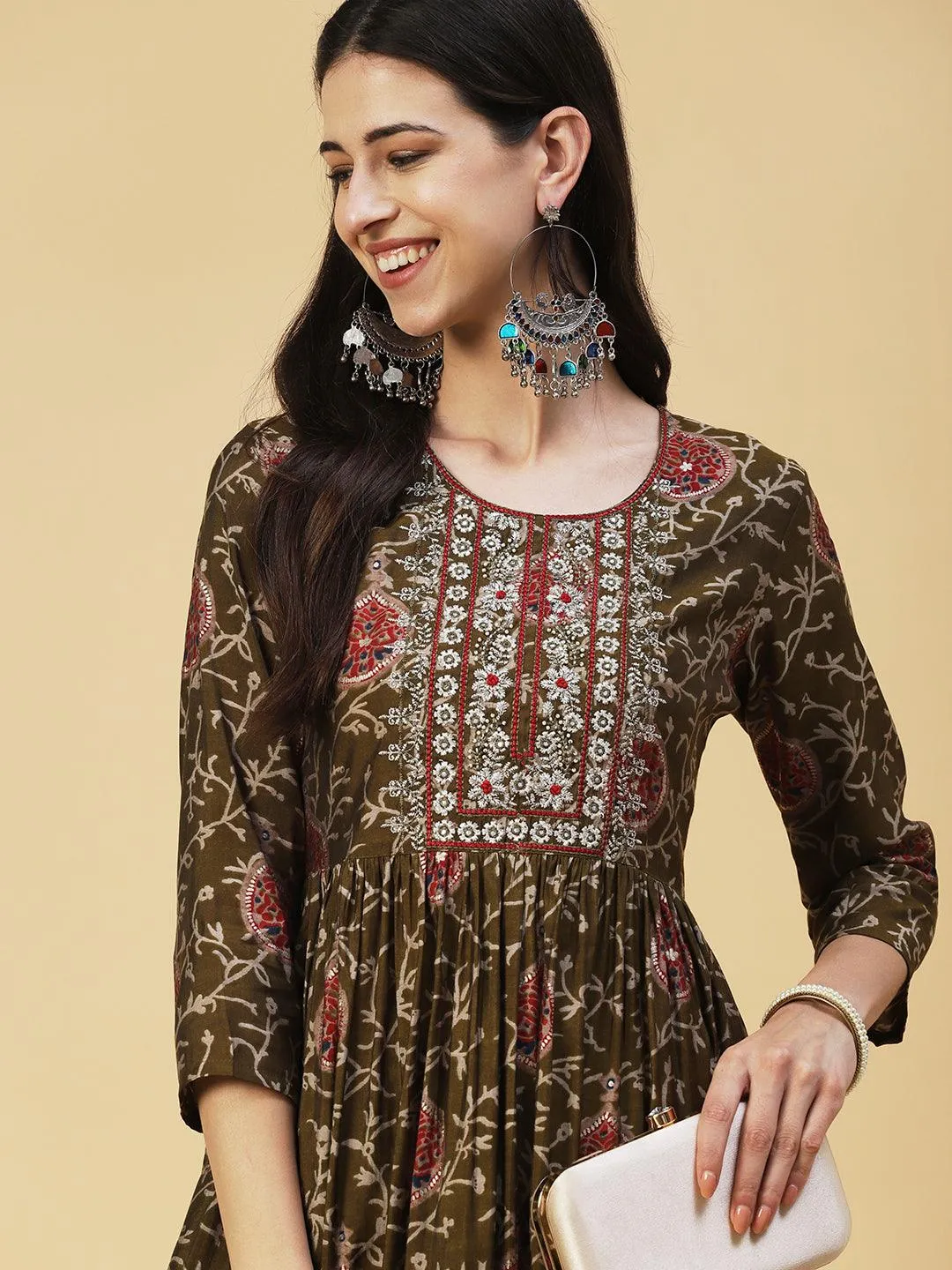 Floral Printed Zari & Mirror Embroidered Kurta With Pants - Olive