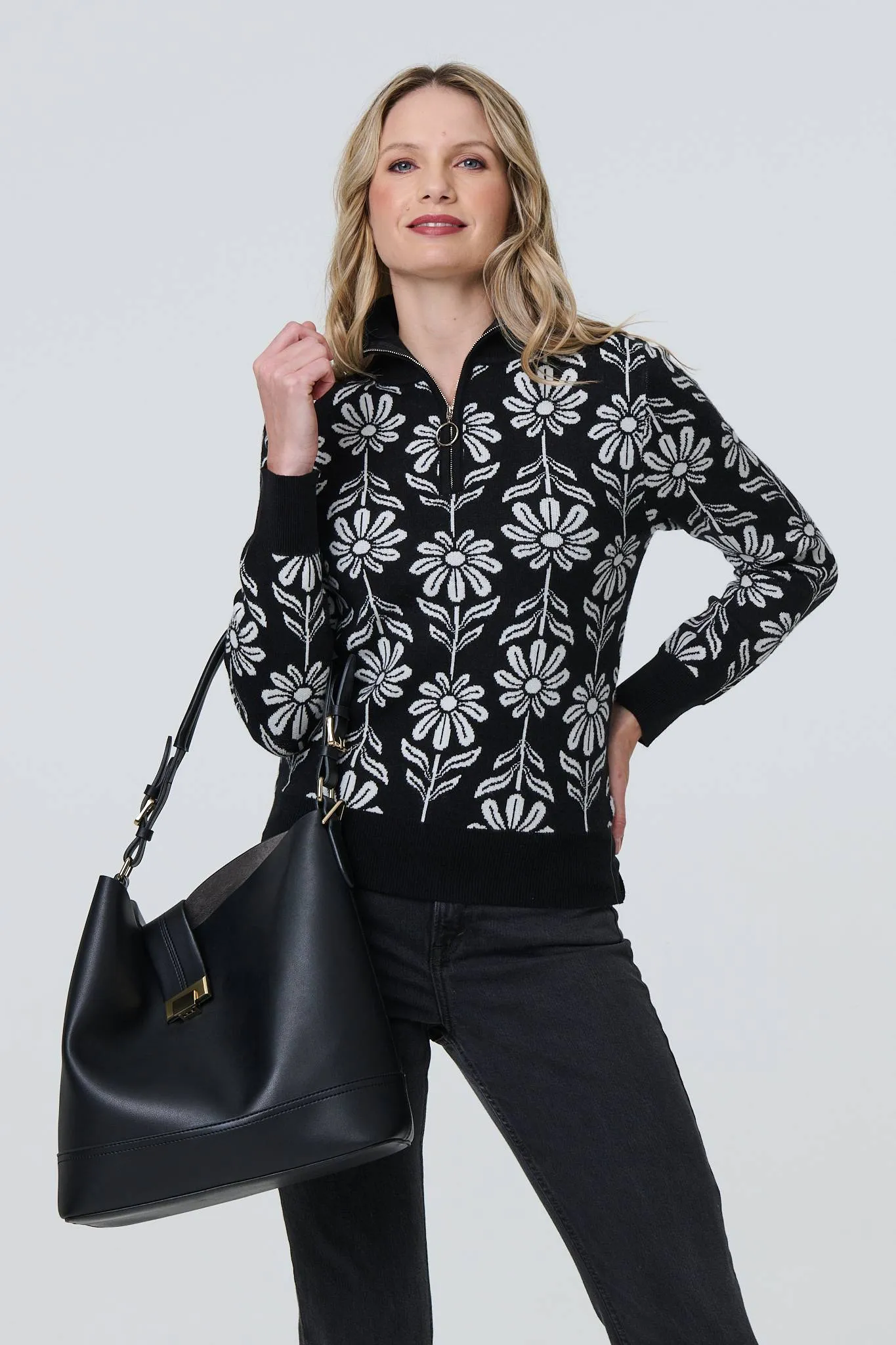 Floral Zip Neck Long Sleeve Pullover