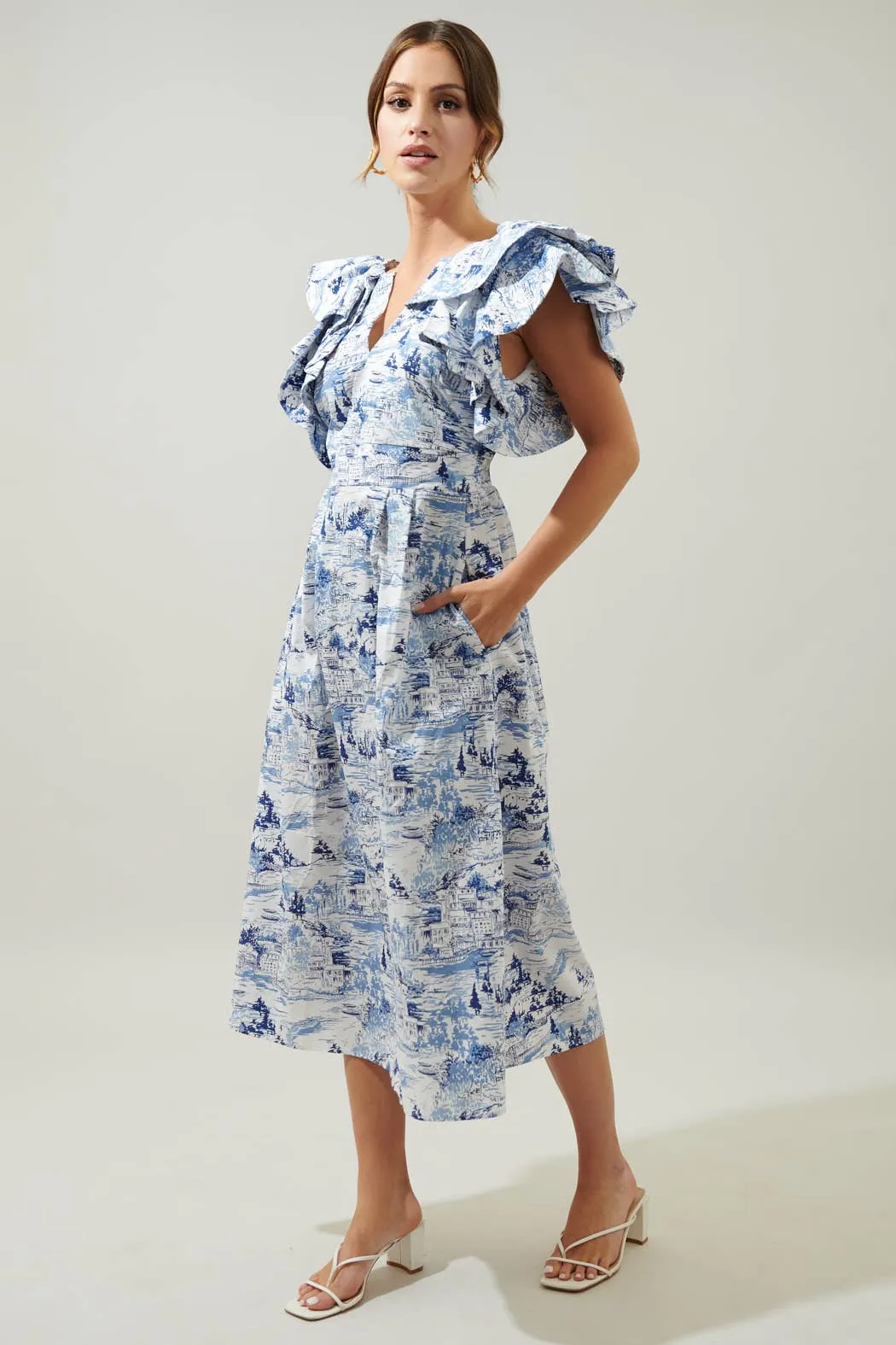 Francine Toile Sky Ruffle Tiered Midi Dress