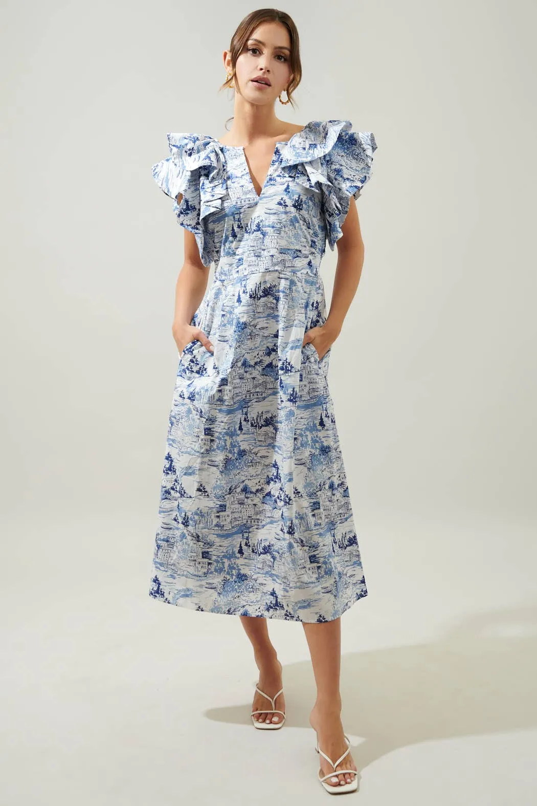 Francine Toile Sky Ruffle Tiered Midi Dress