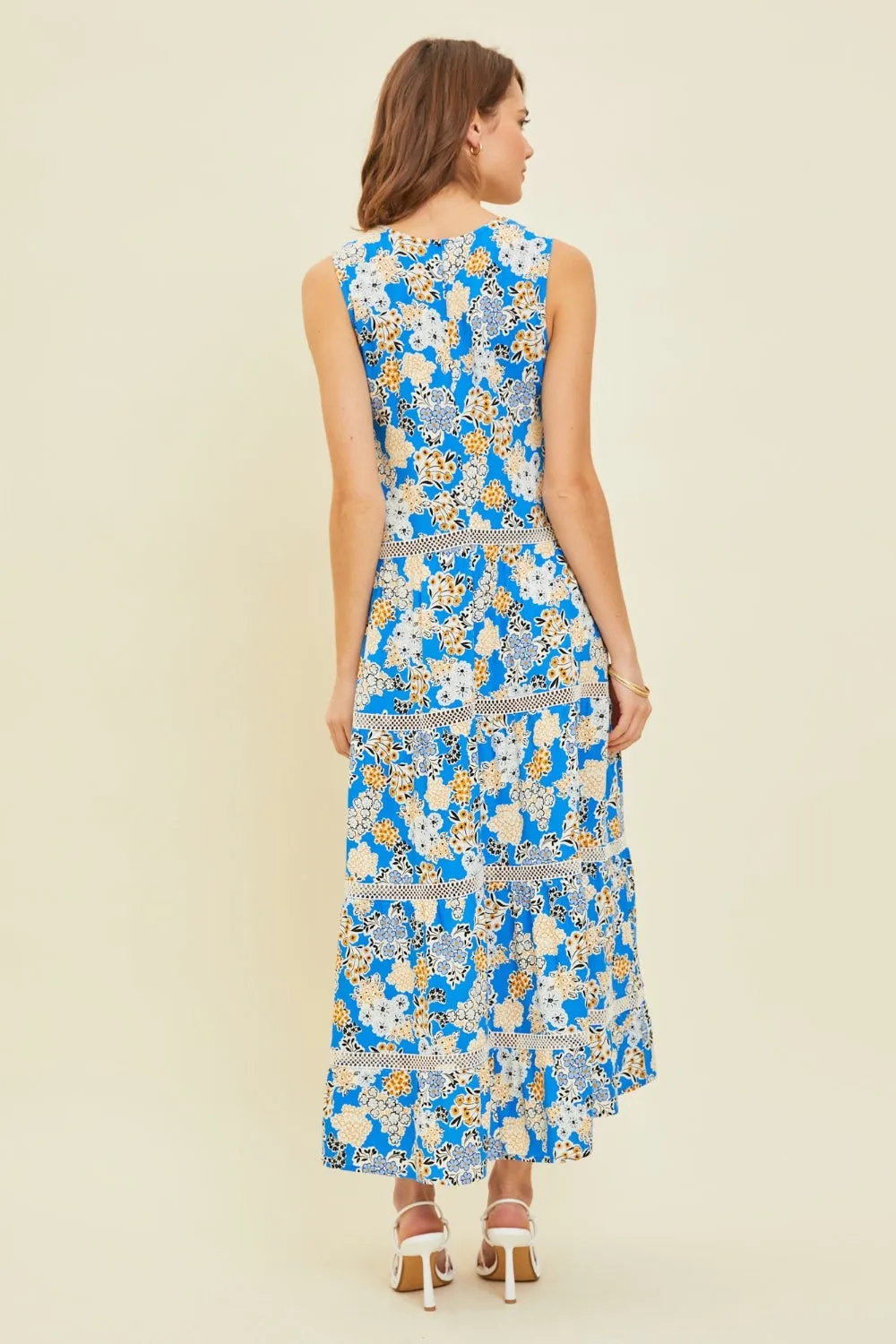 Full Size Printed Crochet Trim Maxi Dress