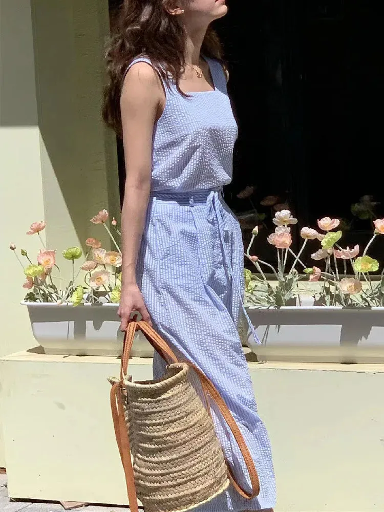 Girlary Korean Fashion 2 Two Piece Set for Women Summer Outfits Striped Sleeveless Tops Vest   Midi Skirt New in Matching Sets