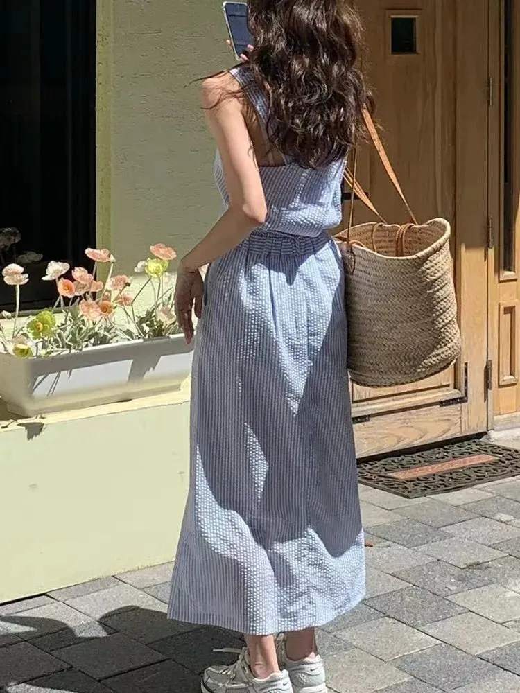 Girlary Korean Fashion 2 Two Piece Set for Women Summer Outfits Striped Sleeveless Tops Vest   Midi Skirt New in Matching Sets