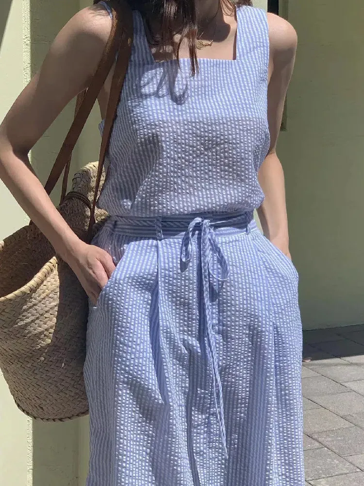 Girlary Korean Fashion 2 Two Piece Set for Women Summer Outfits Striped Sleeveless Tops Vest   Midi Skirt New in Matching Sets