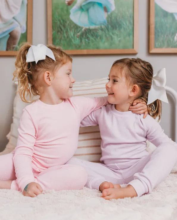 Girls Soft & Cozy Thermal 2-Piece Long Johns | Purple w- Light Pink Stitch