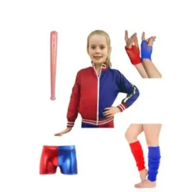 GIRLS SUPER VILLAIN SET WITH JACKET GLOVES HOT PANTS AND  LEG WARMERS