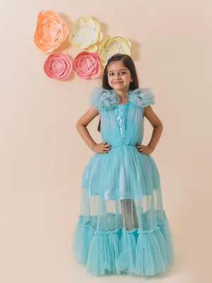 Girls Turquoise Blue Net Party Maxi Dress - Ps Peaches