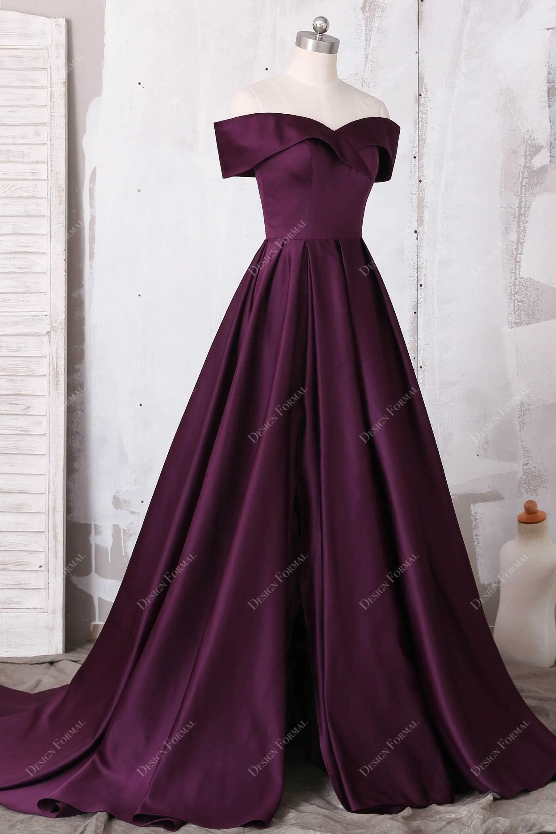 Grape Satin Off Shoulder Sweetheart Elegant Prom Dress