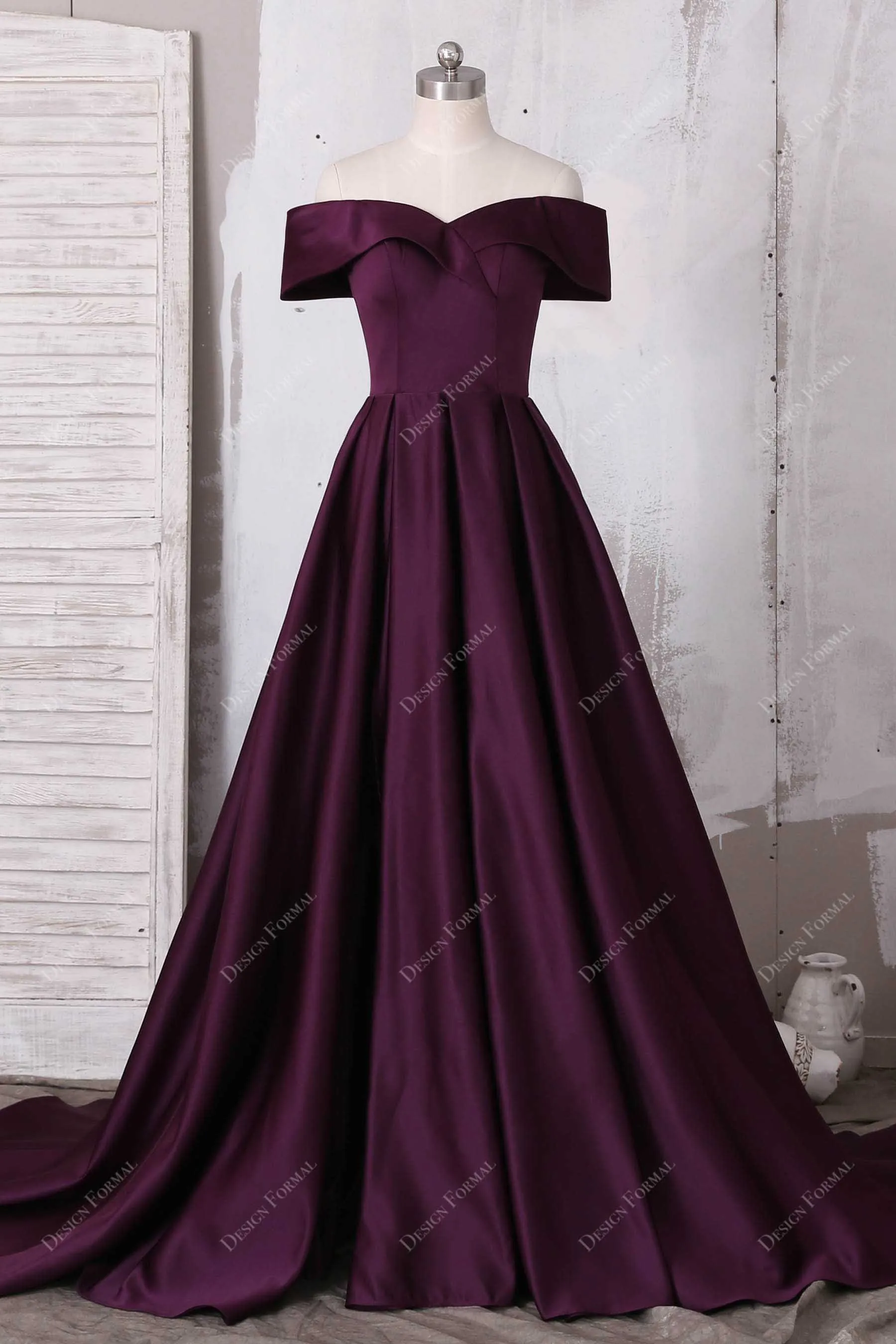 Grape Satin Off Shoulder Sweetheart Elegant Prom Dress