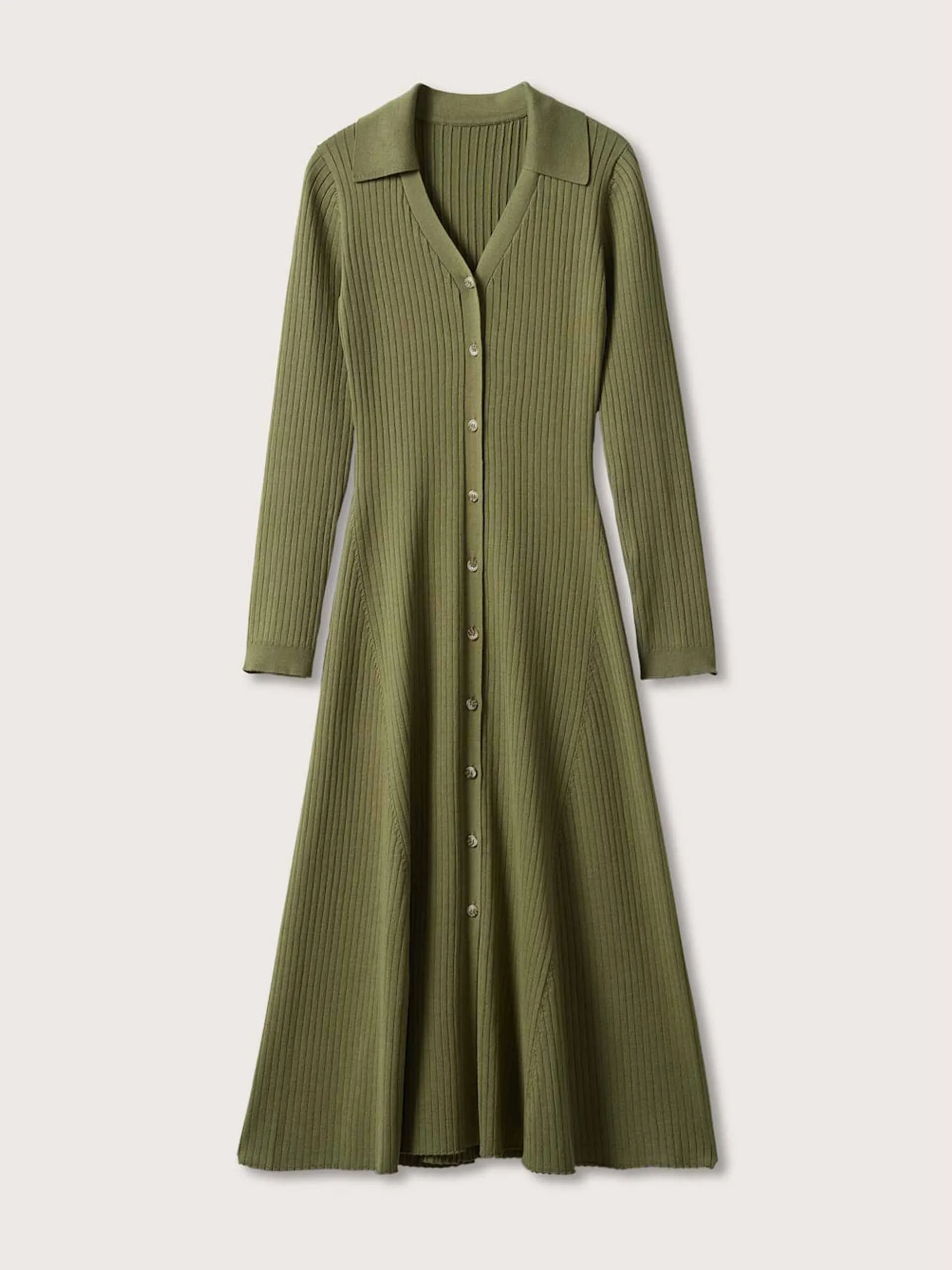 Green button rib-knit dress