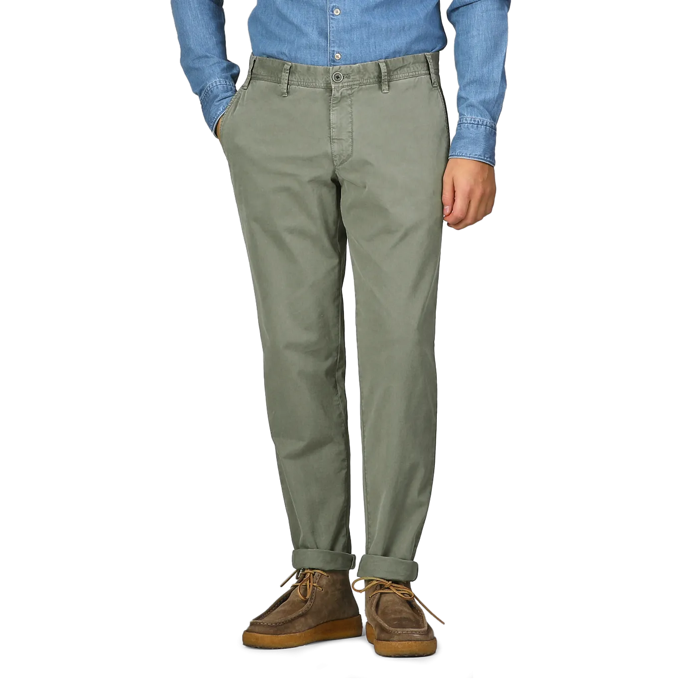 Green Washed Cotton Gabardine Slim Chinos