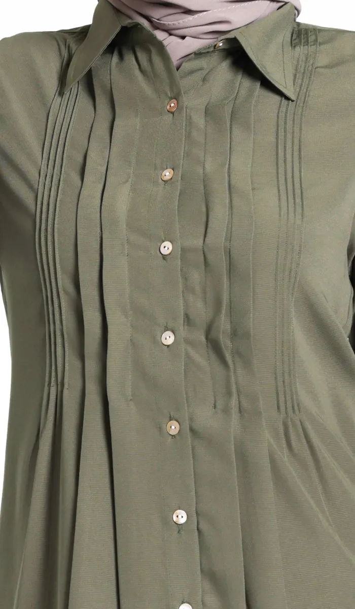 Hanane Pleated Button Down Tunic Dress - Olive