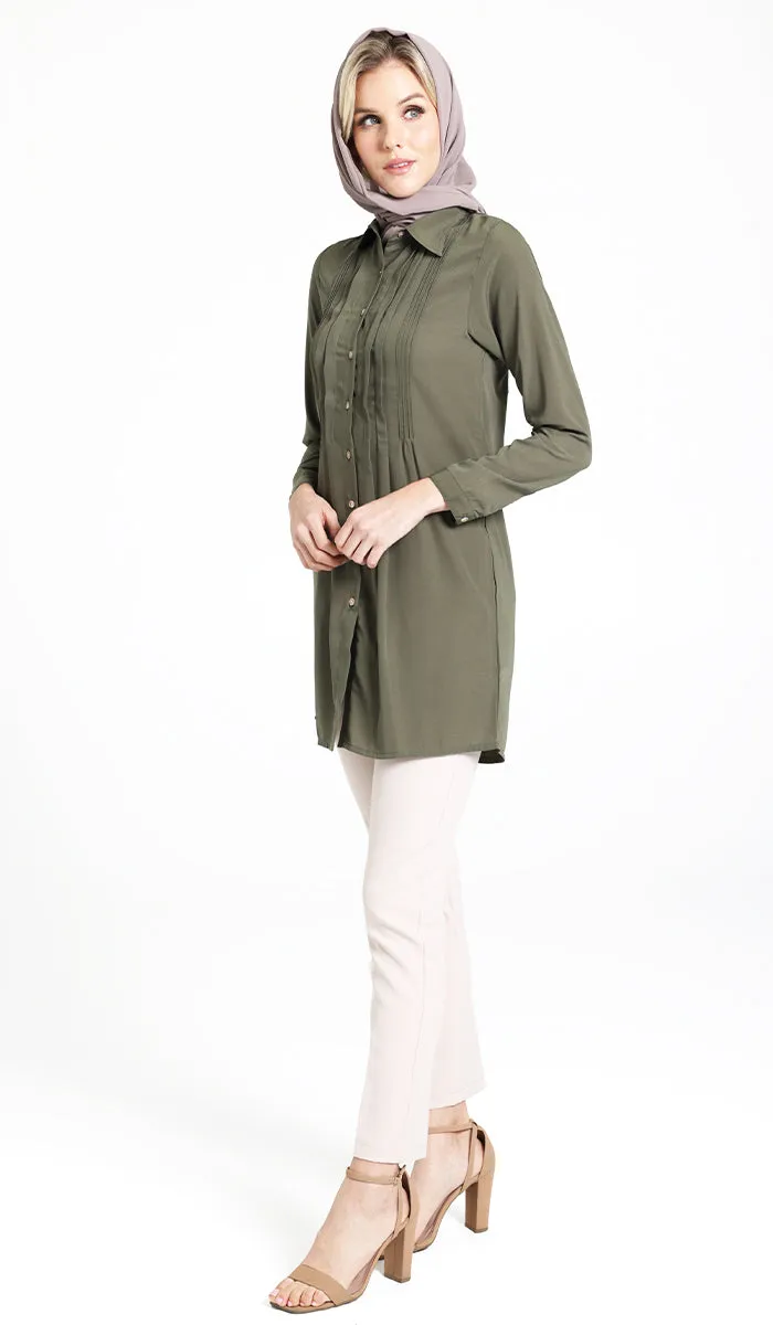 Hanane Pleated Button Down Tunic Dress - Olive