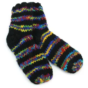 Hand Knitted Wool Ankle Socks - Stripe Black Rainbow SD