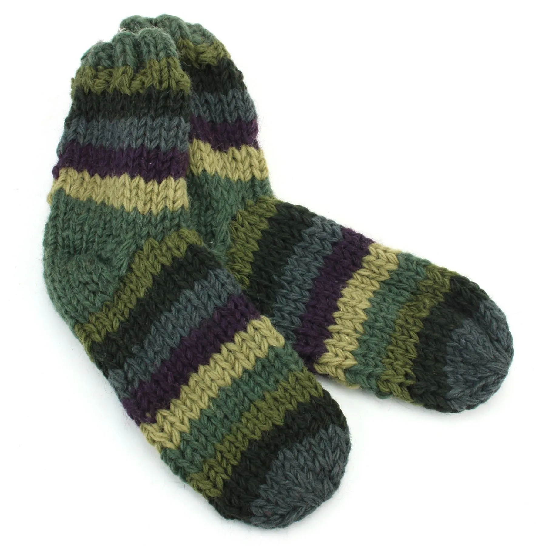 Hand Knitted Wool Ankle Socks - Stripe Green Blue