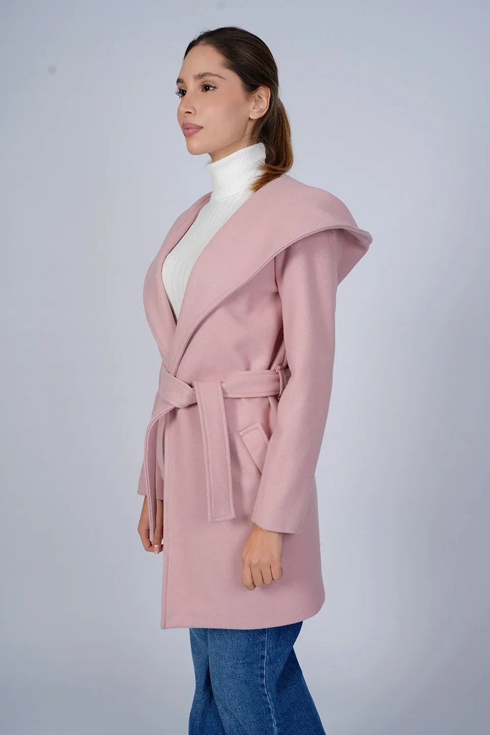 Hooded Wrap Pink Short Coat