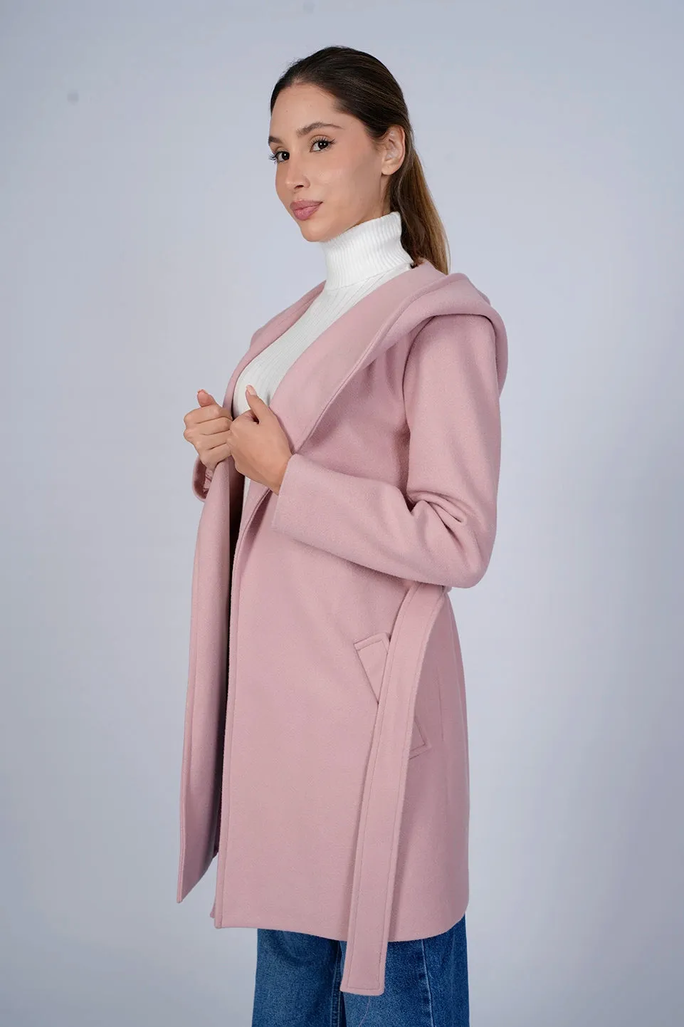 Hooded Wrap Pink Short Coat