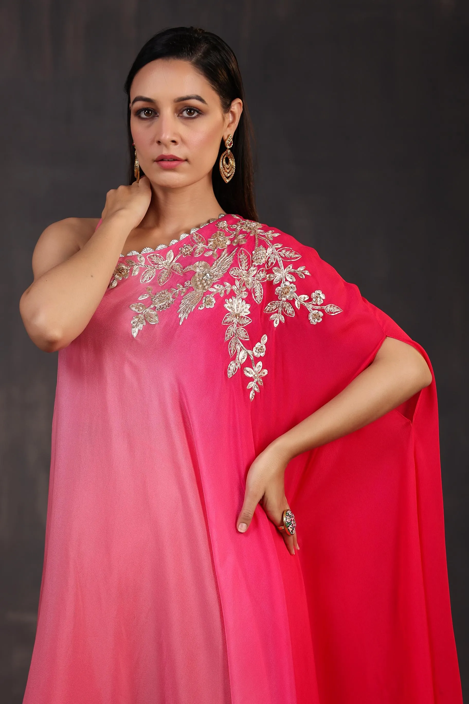 Hot Pink Ombre-Dyed Premium Georgette Silk Palazzo Set