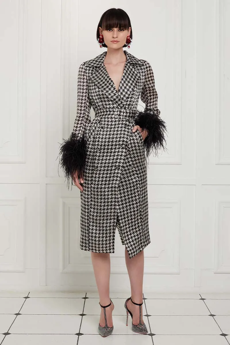 Houndstooth Print Ostrich Feather Embellished Sleeves Silk Gazar Trench Coat