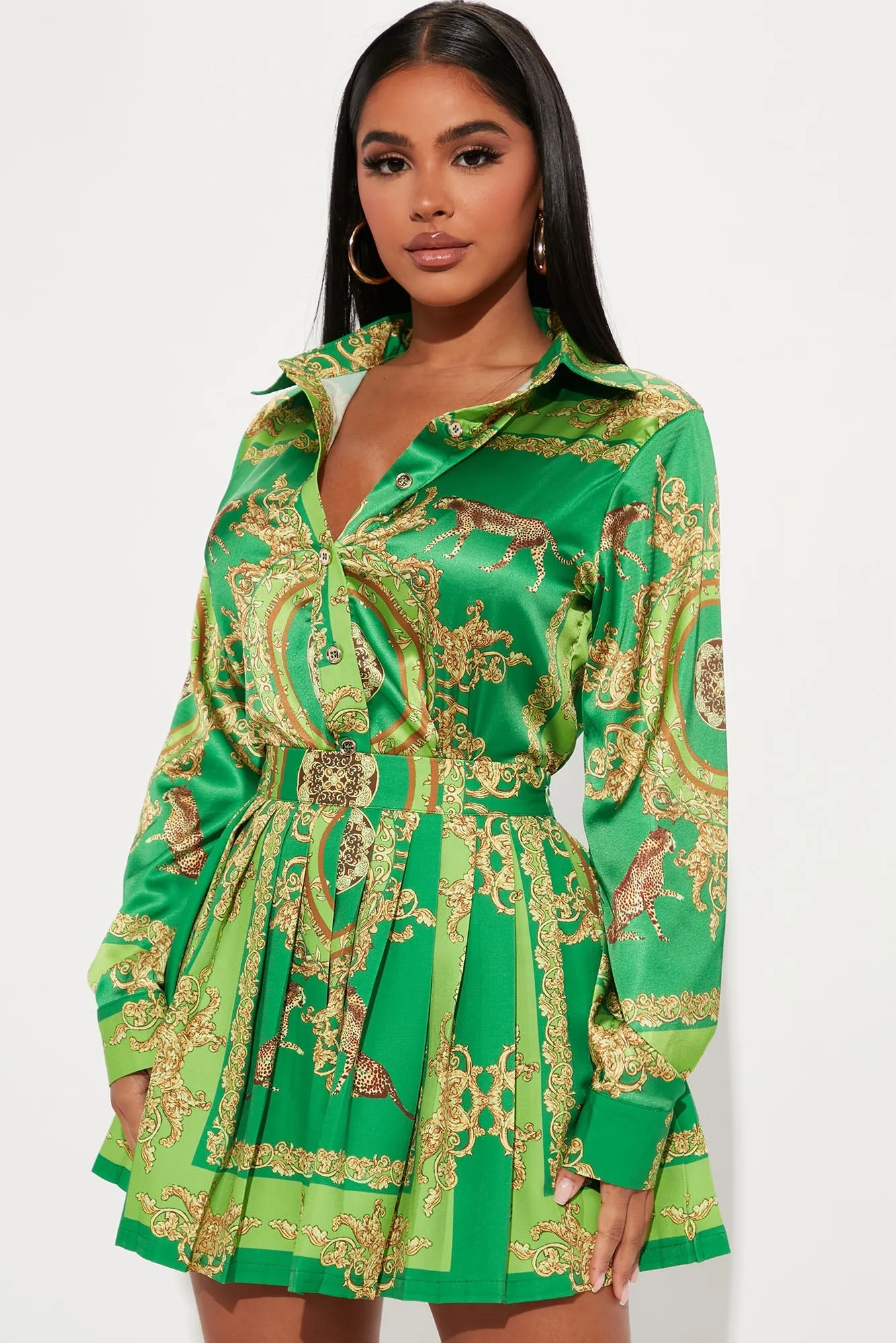 Invested In You Pleated Skirt Set - Green/combo