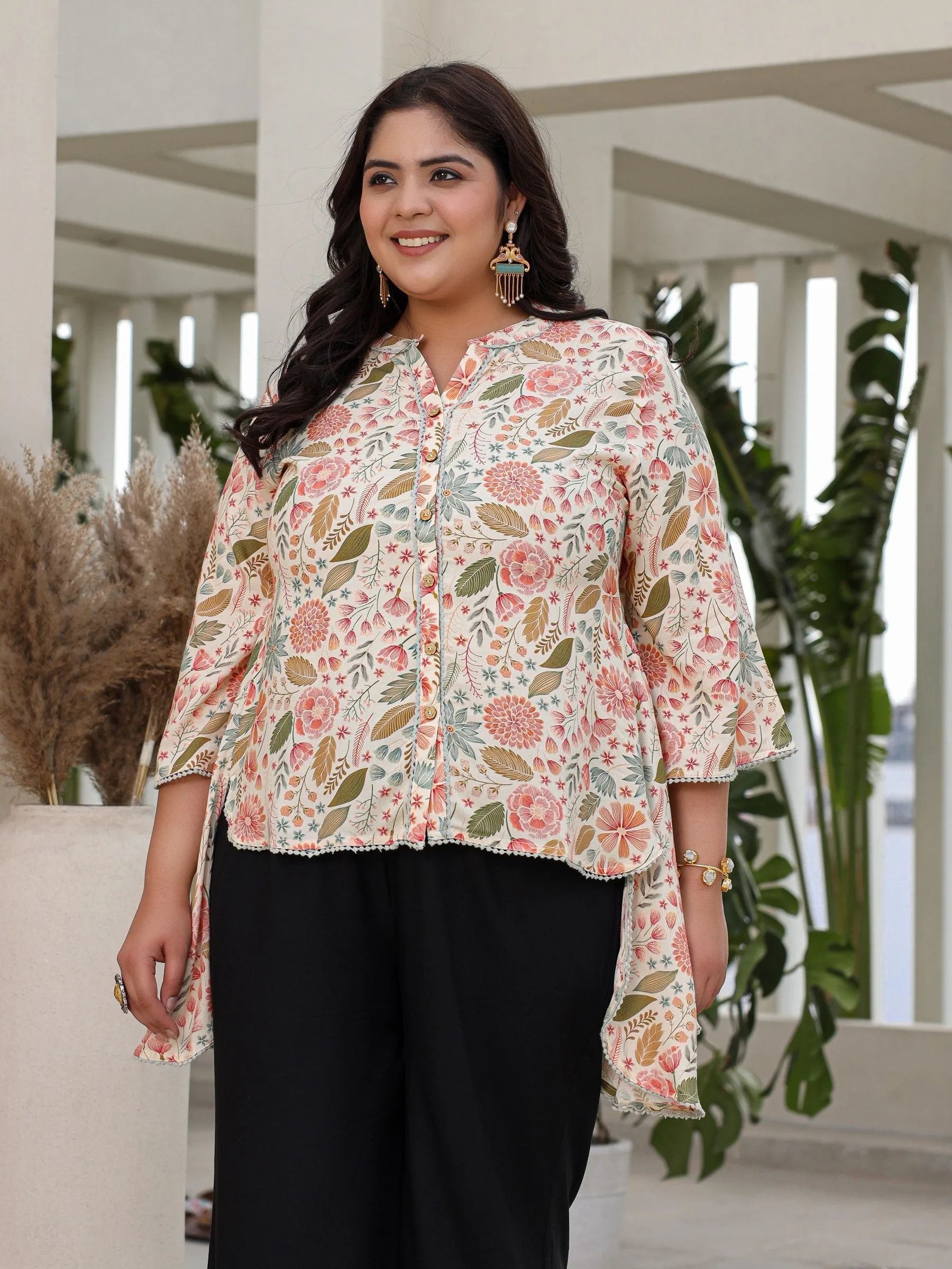 Jashvi Ivory Floral Printed Rayon High-Low Plus Size Tunic With Lace