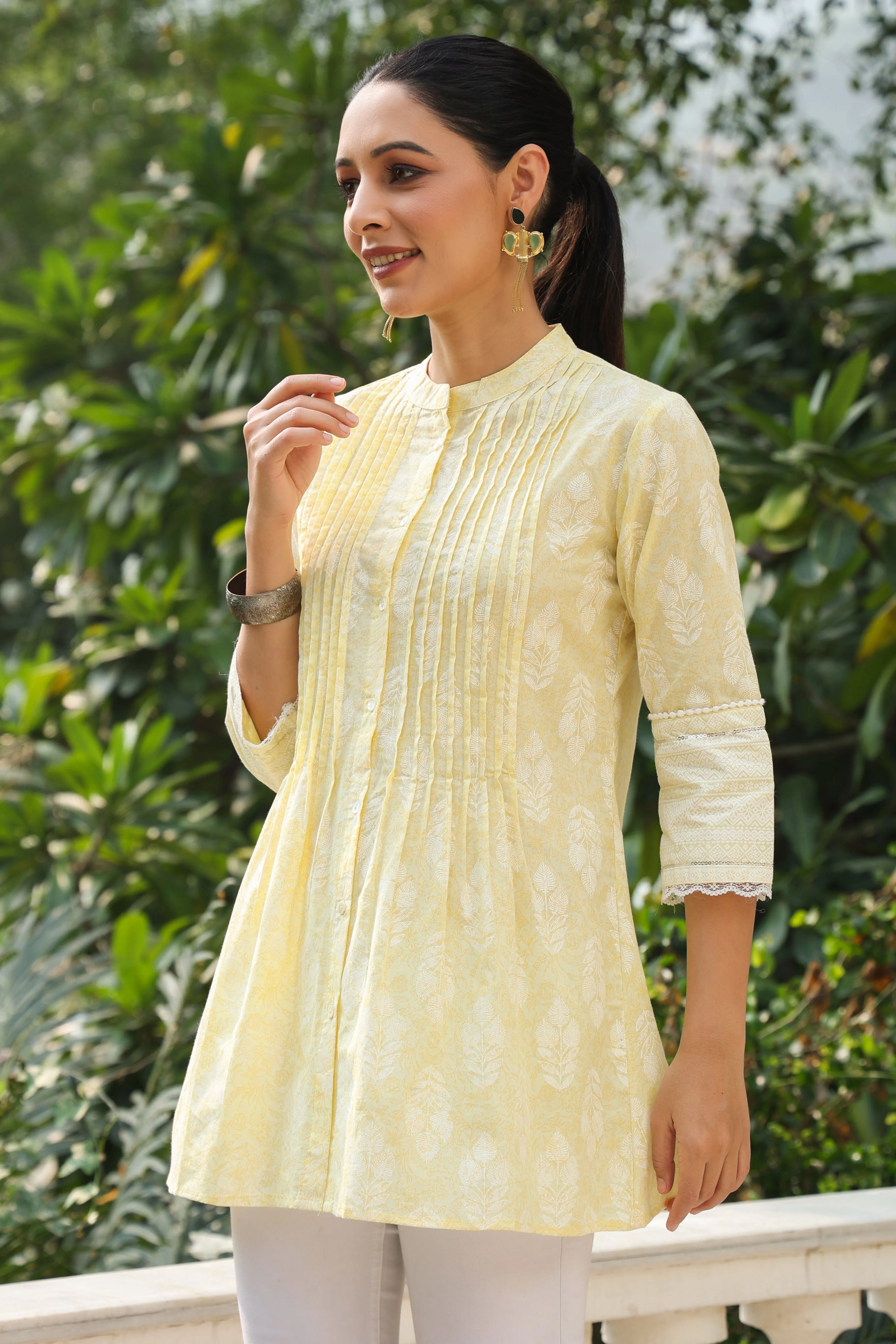 Jashvi Lime Yellow Ethnic Motif Printed Pure Cotton A-Line Tunic With Lace Work