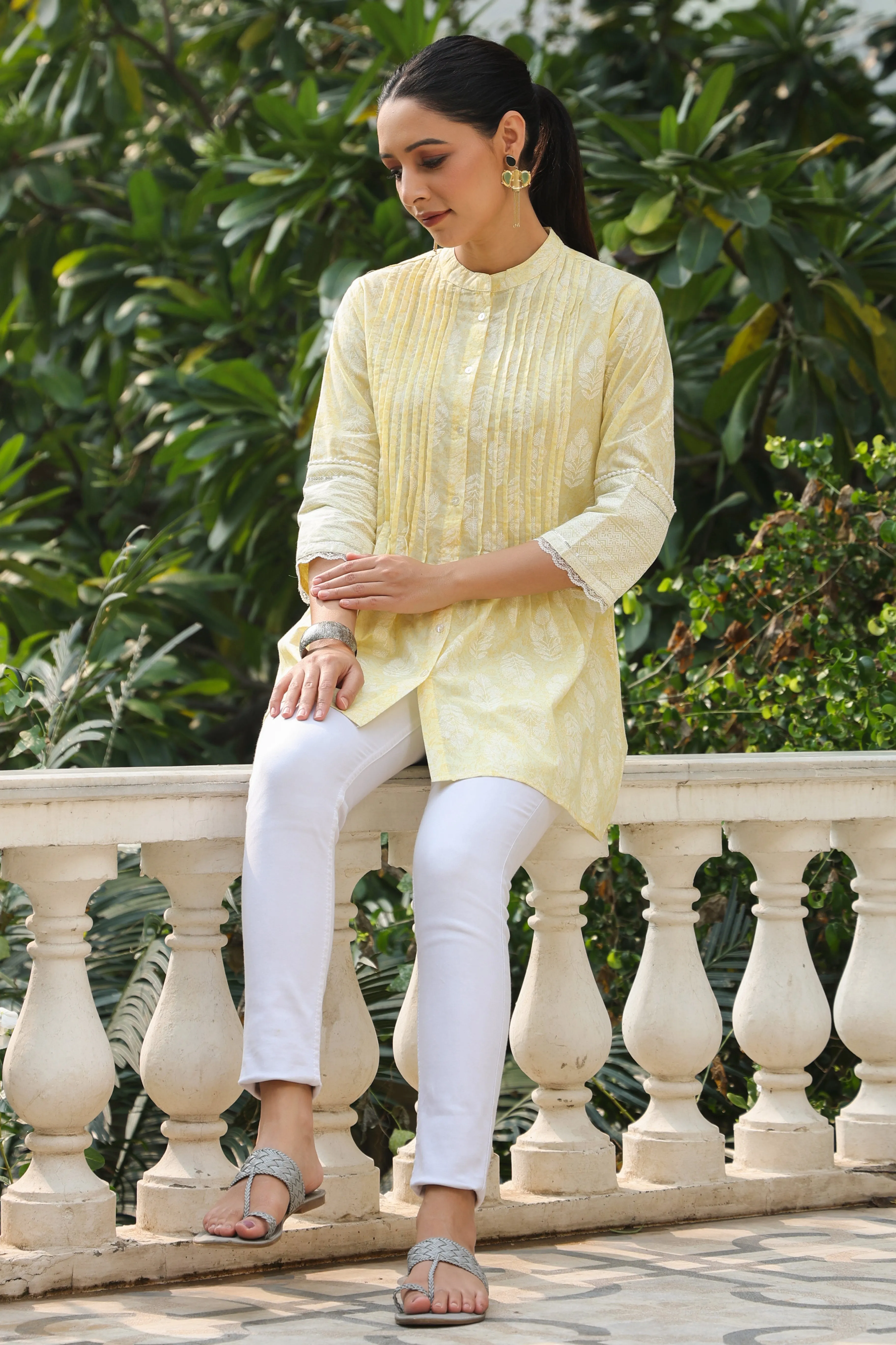 Jashvi Lime Yellow Ethnic Motif Printed Pure Cotton A-Line Tunic With Lace Work