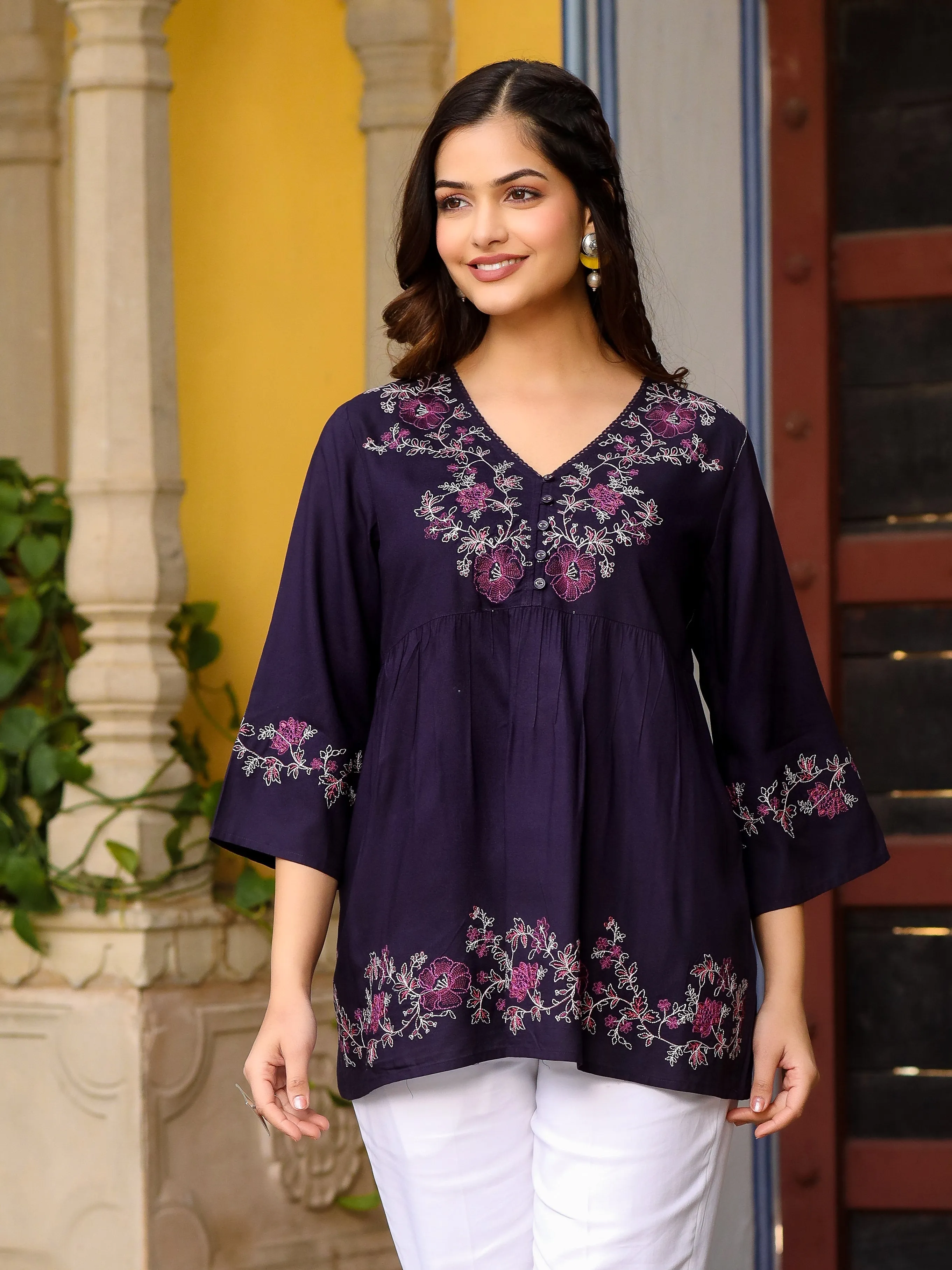 Jashvi Purple Modal Rayon Alia-Cut Embroidered Tunic