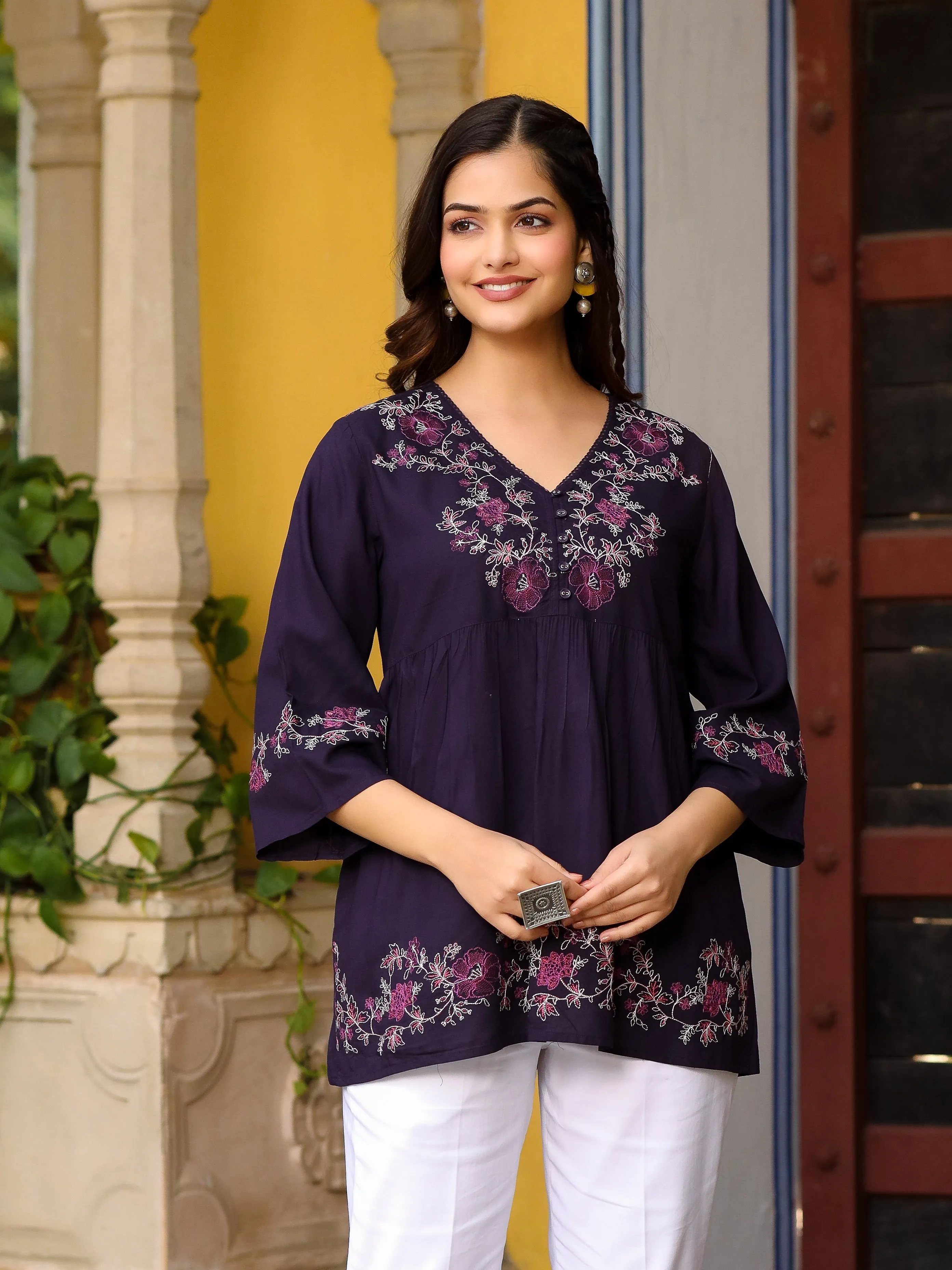 Jashvi Purple Modal Rayon Alia-Cut Embroidered Tunic