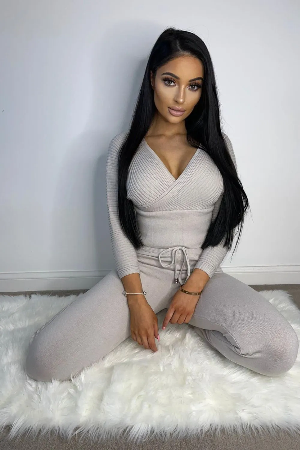 Jordyn Grey Plunge Ribbed Cropped Co-ord Lounge Set