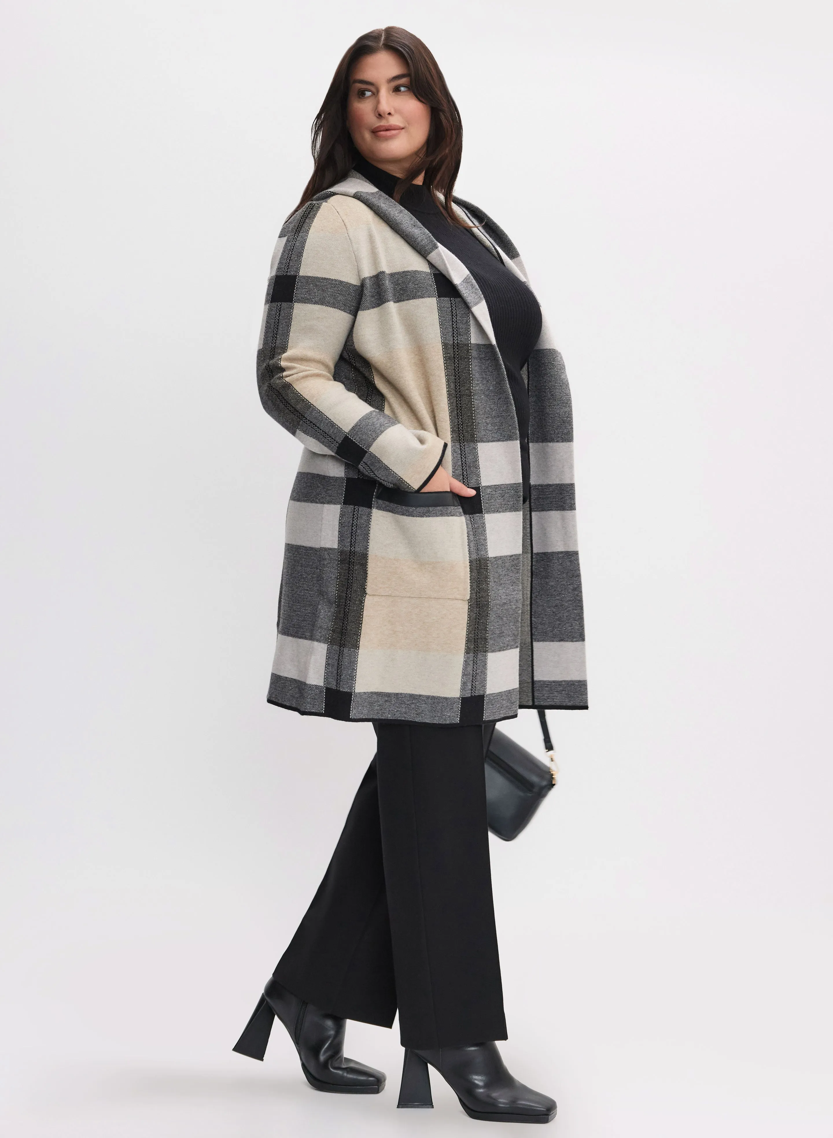 Joseph Ribkoff - Hooded Plaid Print Cardigan