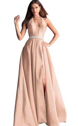 JOVANI 63652 Blush Halter A-Line Dress w/ Slit