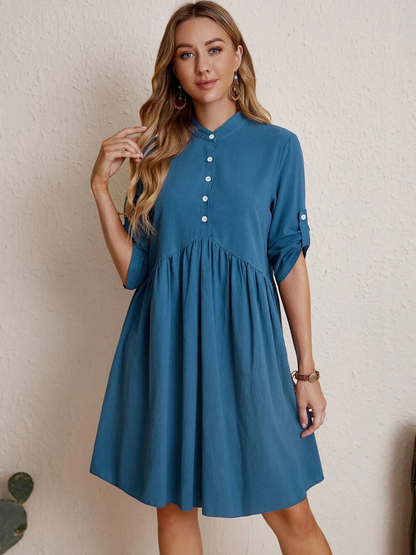 KittenAlarm - Half Button Shirred Waist Dress