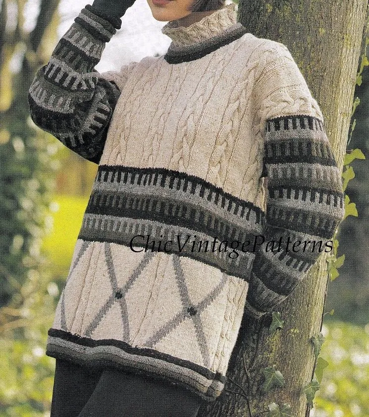 Knitted Ladies Sweater Pattern, Cable Tunic Style, Polo Neck, Digital Pattern