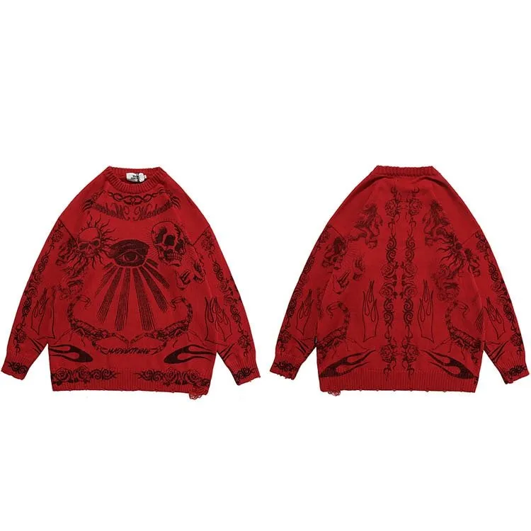 Knitted Sweater with Rose Eye Scorpion Print - Men's Harajuku Cotton Casual