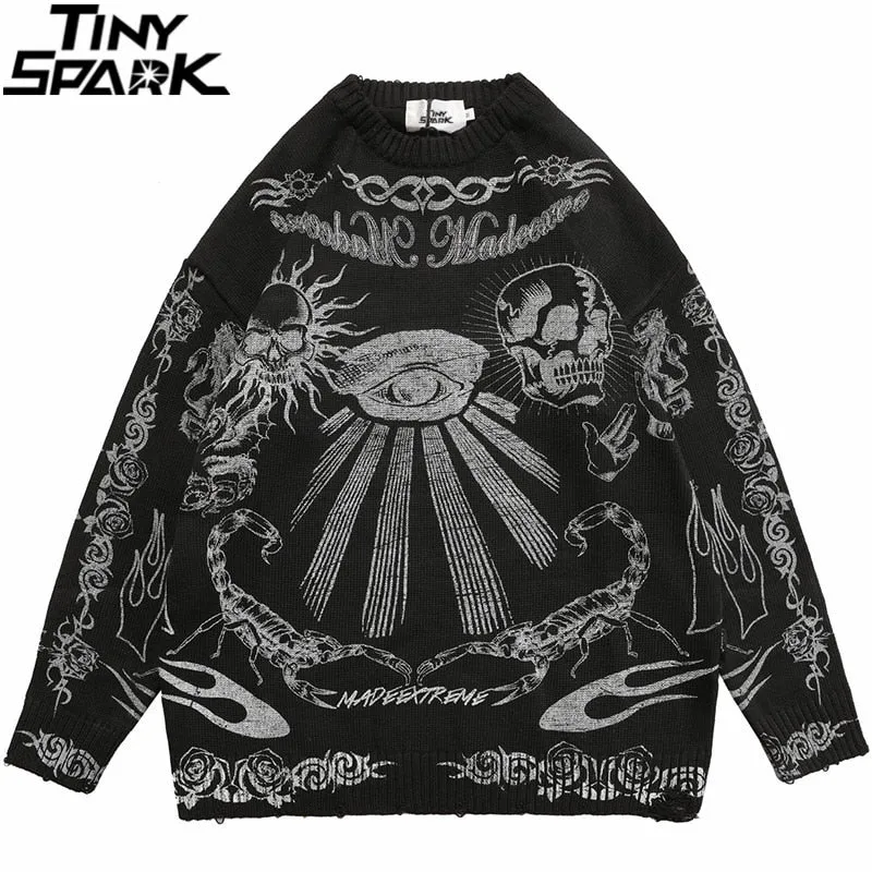 Knitted Sweater with Rose Eye Scorpion Print - Men's Harajuku Cotton Casual