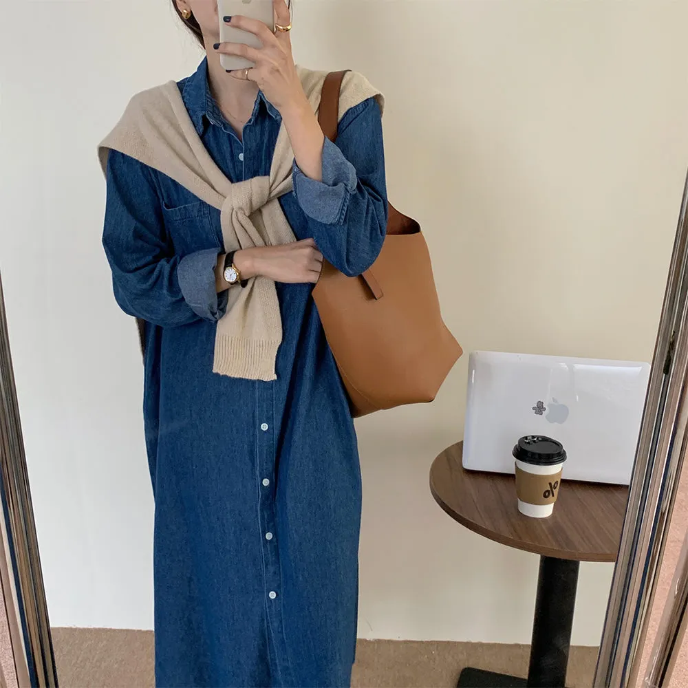 [Korean Style] Kattie Minimal Denim Midi Shirt Dress w/ Beige Knit Shawl