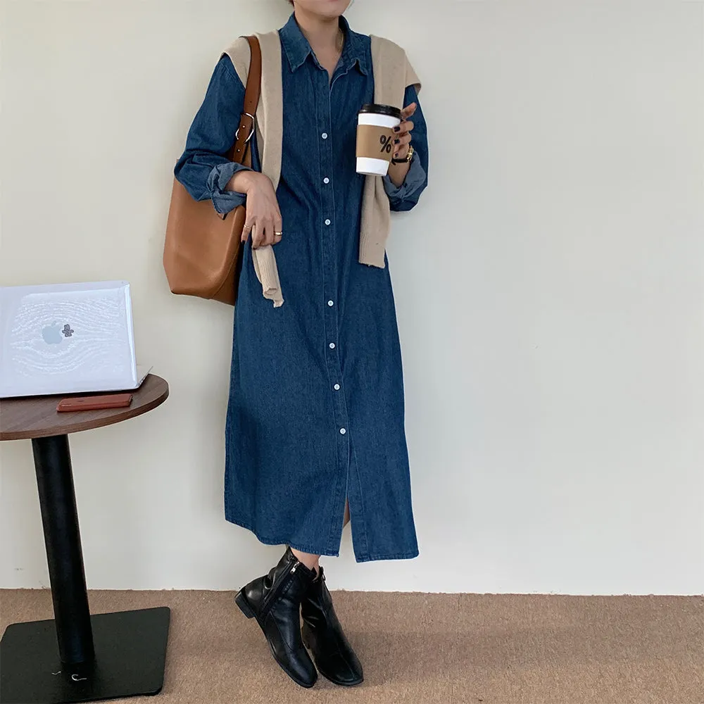 [Korean Style] Kattie Minimal Denim Midi Shirt Dress w/ Beige Knit Shawl