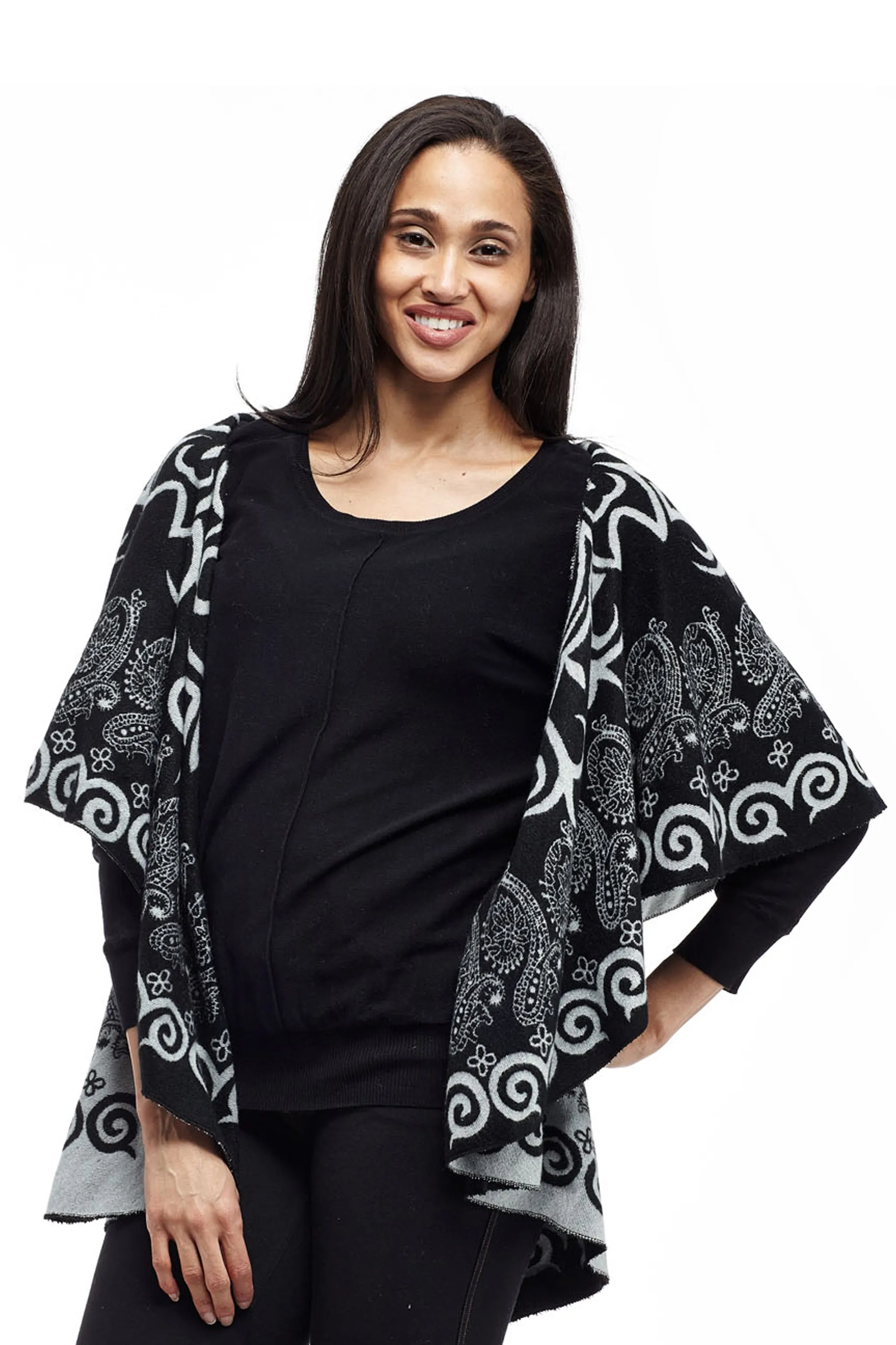 La Cera Swirl Patterned Shawl Poncho