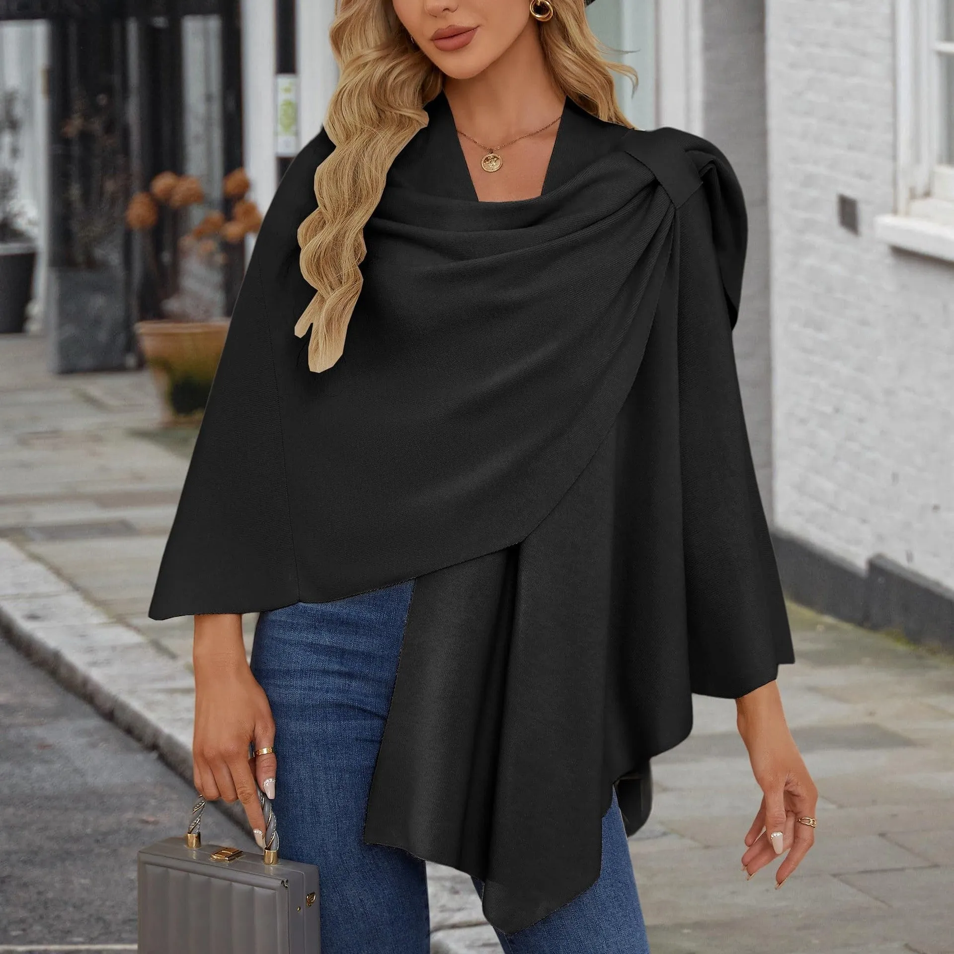 💥Last Day 50% OFF💥💕 Large Cross Front Poncho Sweater Knitted Elegant Shawls Cape 💃