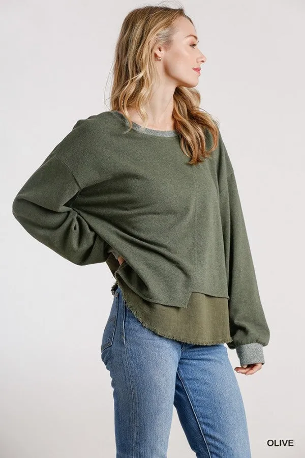 Layered Frayed Hem Top, Olive