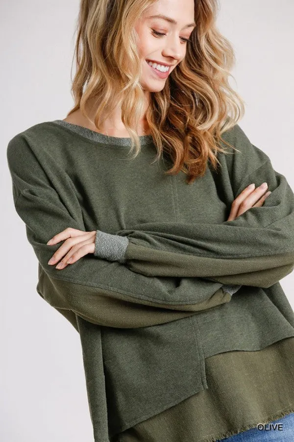 Layered Frayed Hem Top, Olive