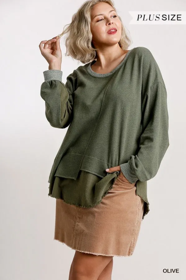 Layered Frayed Hem Top, Olive